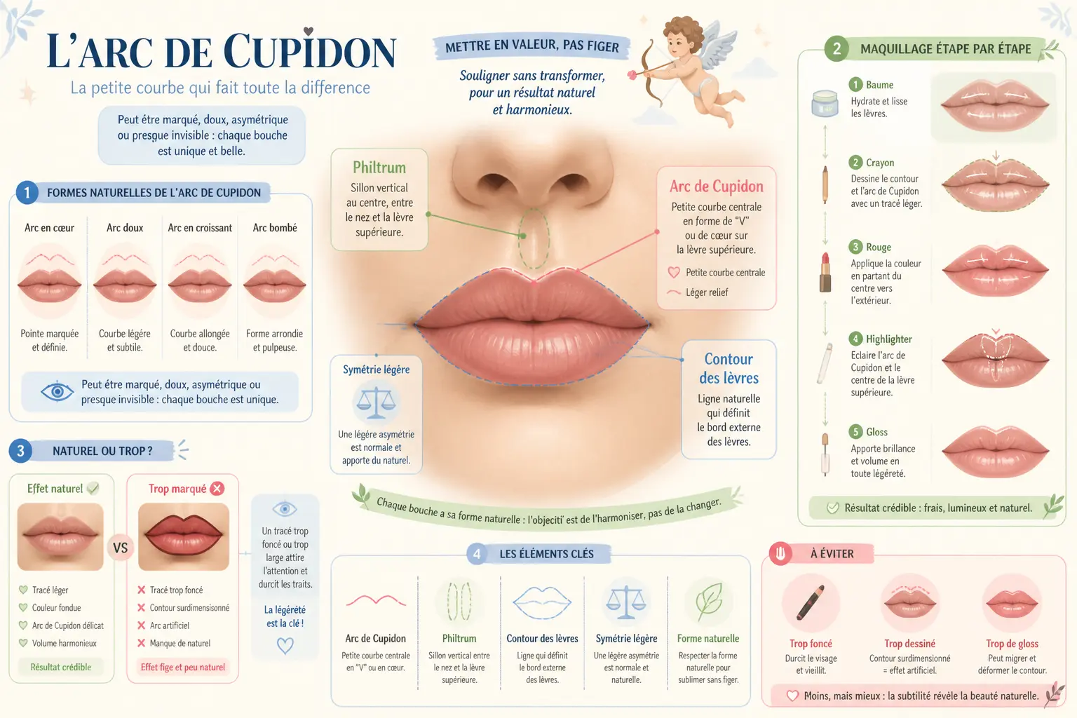 Infographie sur l’arc de Cupidon : lèvres, philtrum, formes naturelles et maquillage en étapes.