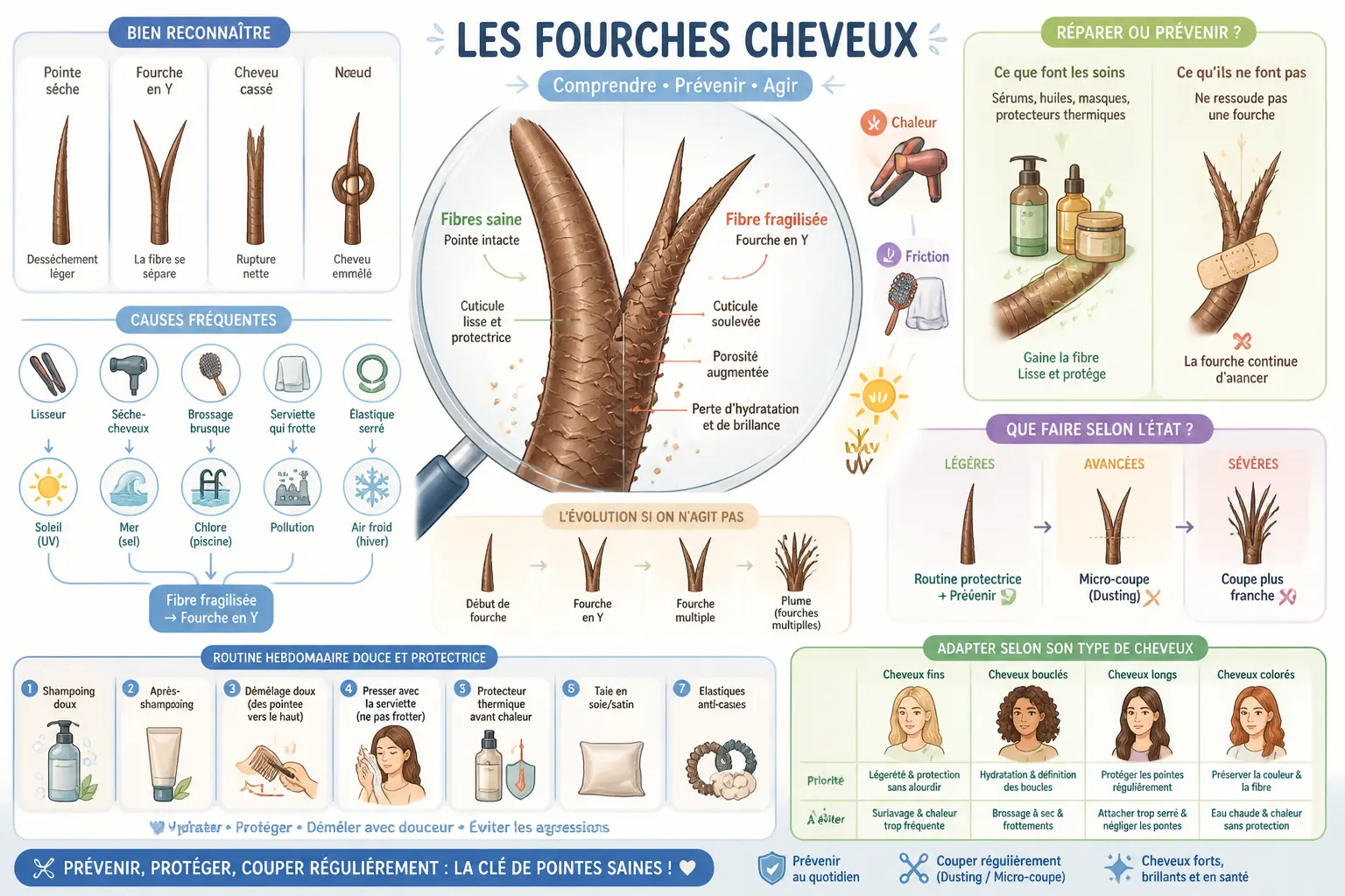 Infographie sur la fourche cheveux : causes, prévention, réparation et routine douce illustrées.