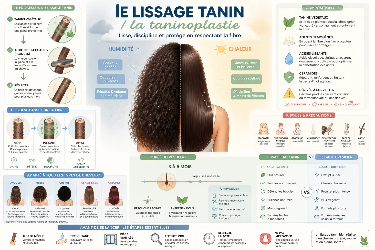 Infographie sur le lissage tanin : avant/après, ingrédients, risques, durée et conseils d’entretien.