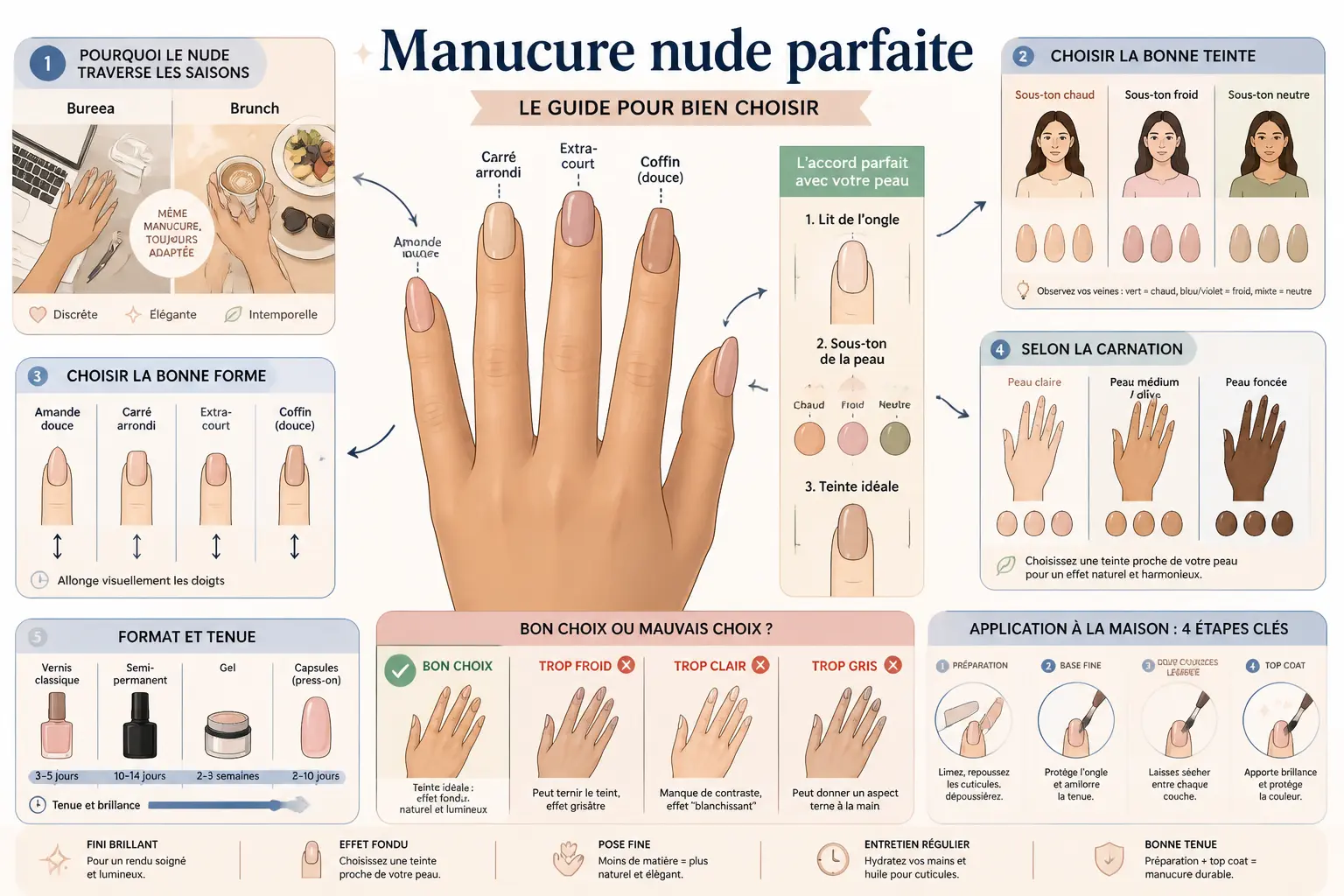 Infographie sur l’ongle nude : teintes, formes, carnations, tenue et pose pour choisir la nuance idéale.