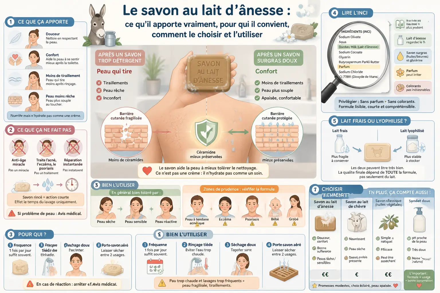 Infographie sur le savon lait d anesse : bienfaits, limites, choix, INCI et usage pour peau sèche ou sensible.