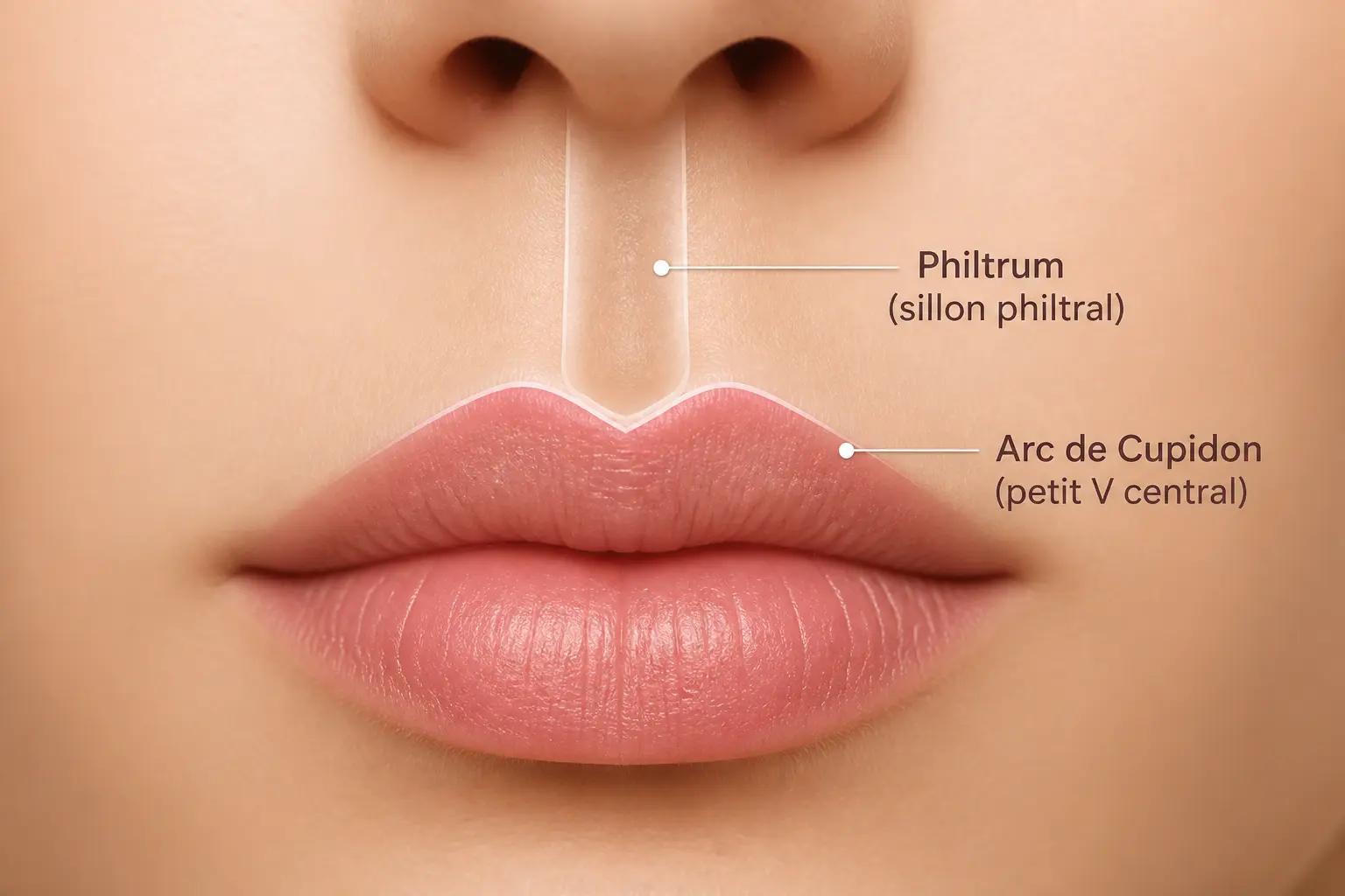 Schéma éducatif de l’arc de cupidon sur une bouche féminine, avec philtrum et repères discrets.
