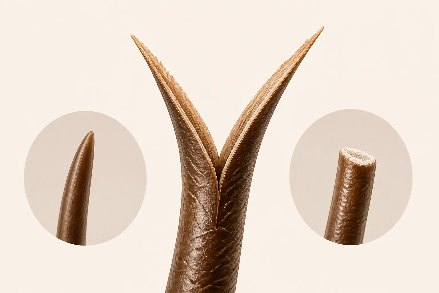 Fourche cheveux en macro : pointe fendue en Y, avec comparaison à une pointe saine et une cassure.