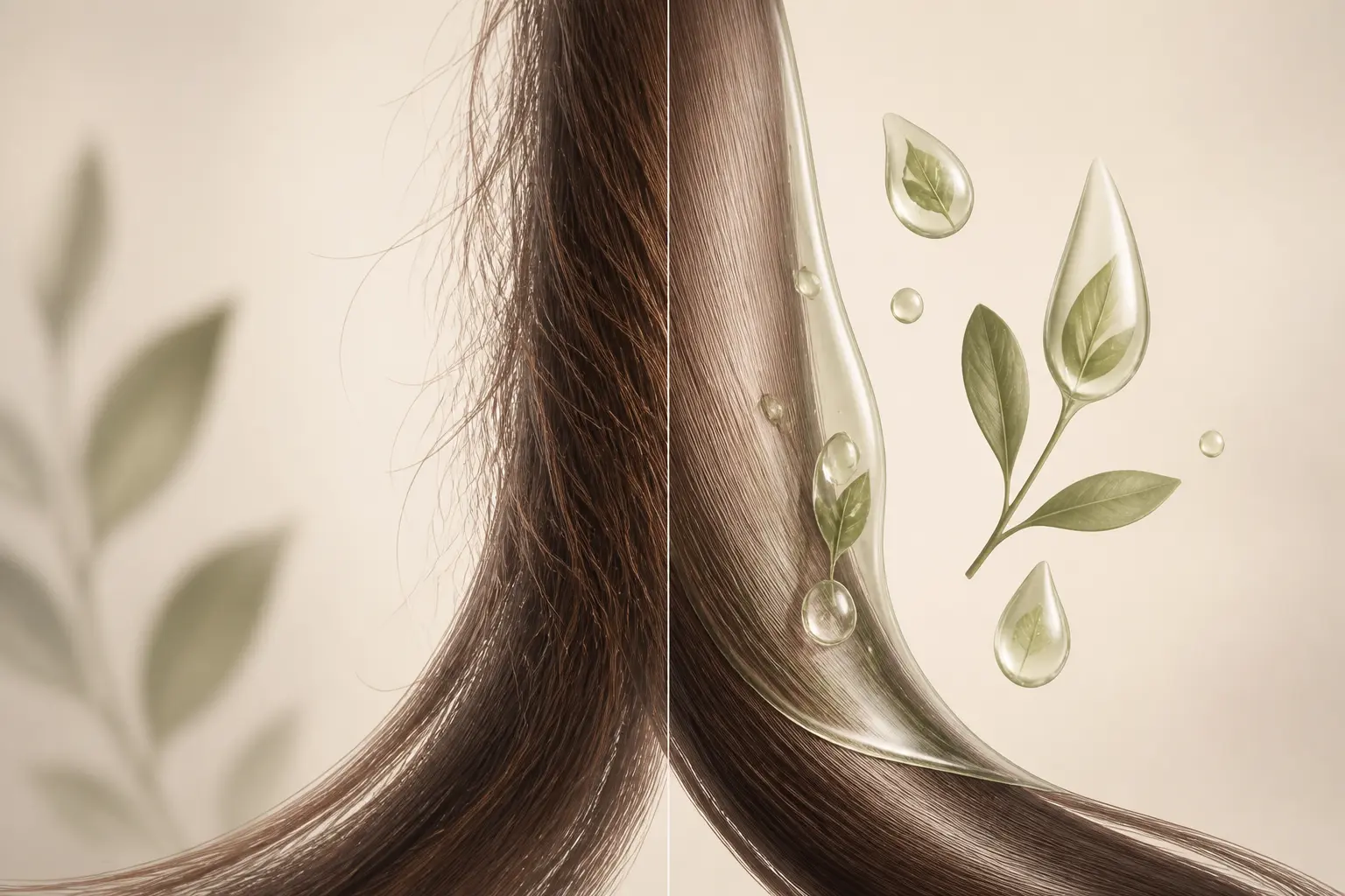 Lissage tanin sur une mèche de cheveux, avec couche botanique et contraste avant/après du frisottis