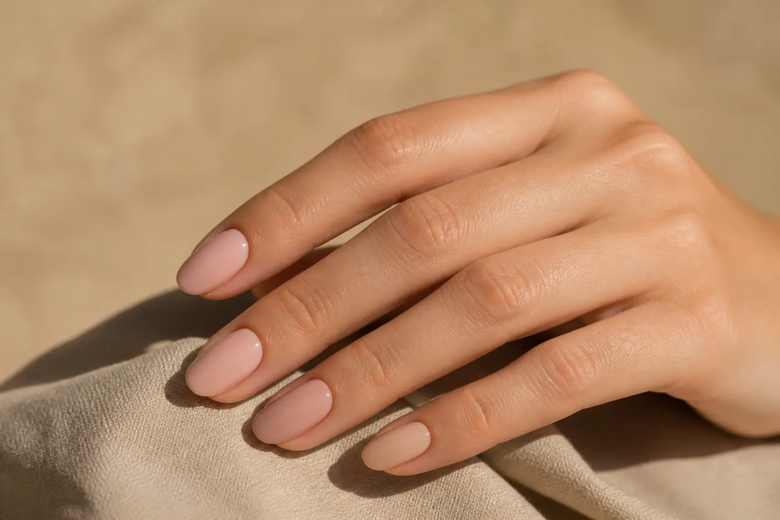 Main en gros plan avec ongle nude, trois nuances beige rosé sur fond neutre, style éditorial