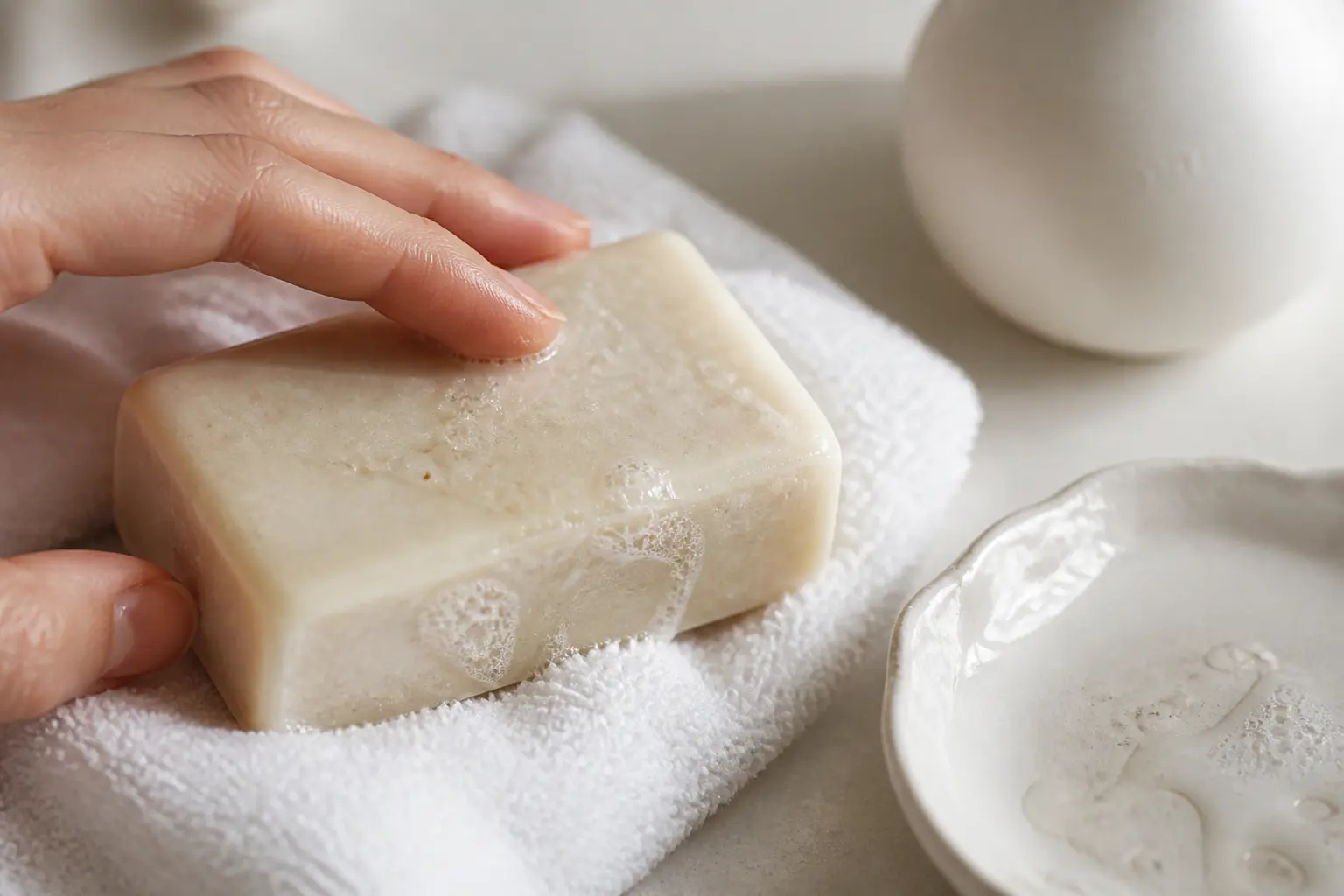 Savon lait d anesse posé sur une serviette blanche, touché par une main, avec mousse légère et gouttes d’eau.