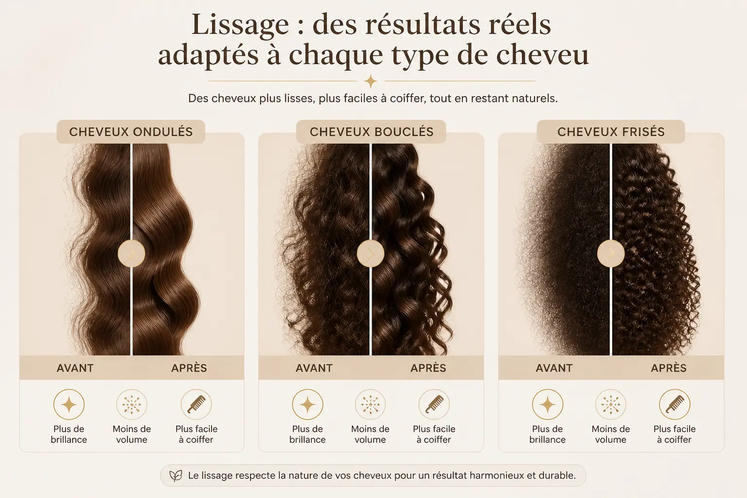 Lissage indien : comparaison visuelle des résultats sur cheveux ondulés, bouclés et frisés