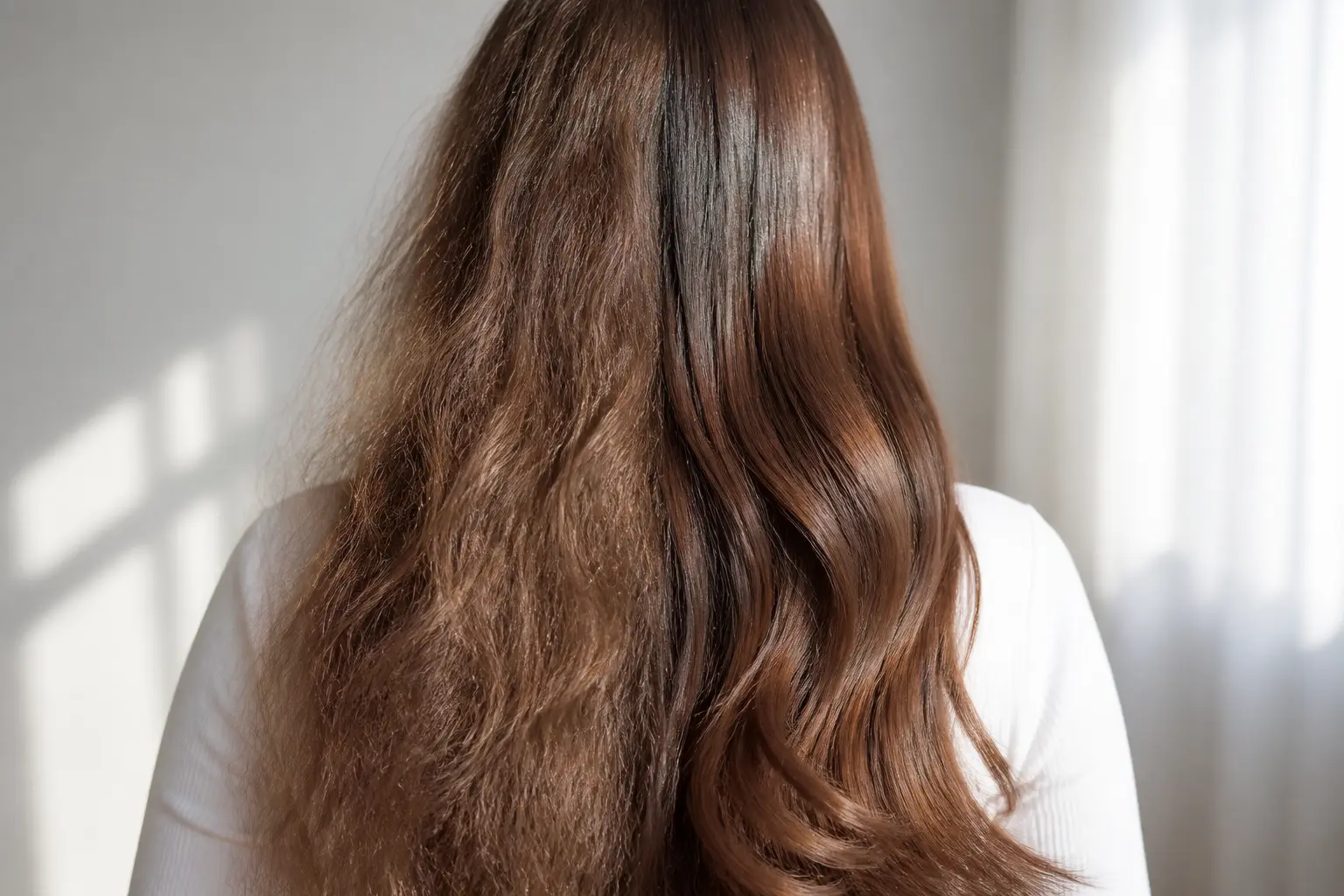 Lissage tanin sur longueurs avant/après : cheveux frisés à gauche, lisses et souples à droite.