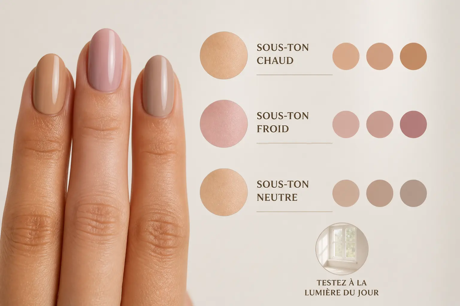 Ongle nude : nuancier élégant associant trois teintes aux sous-tons de peau chaud, froid et neutre.