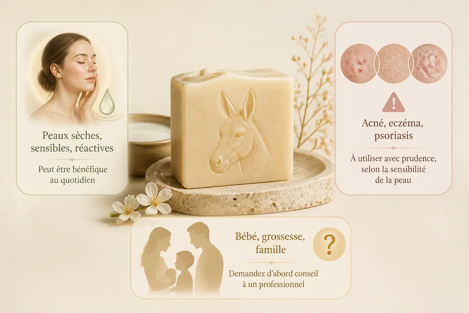 Guide visuel du savon lait d anesse pour peaux sèches, sensibles, à vérifier en cas d’acné, eczéma ou grossesse
