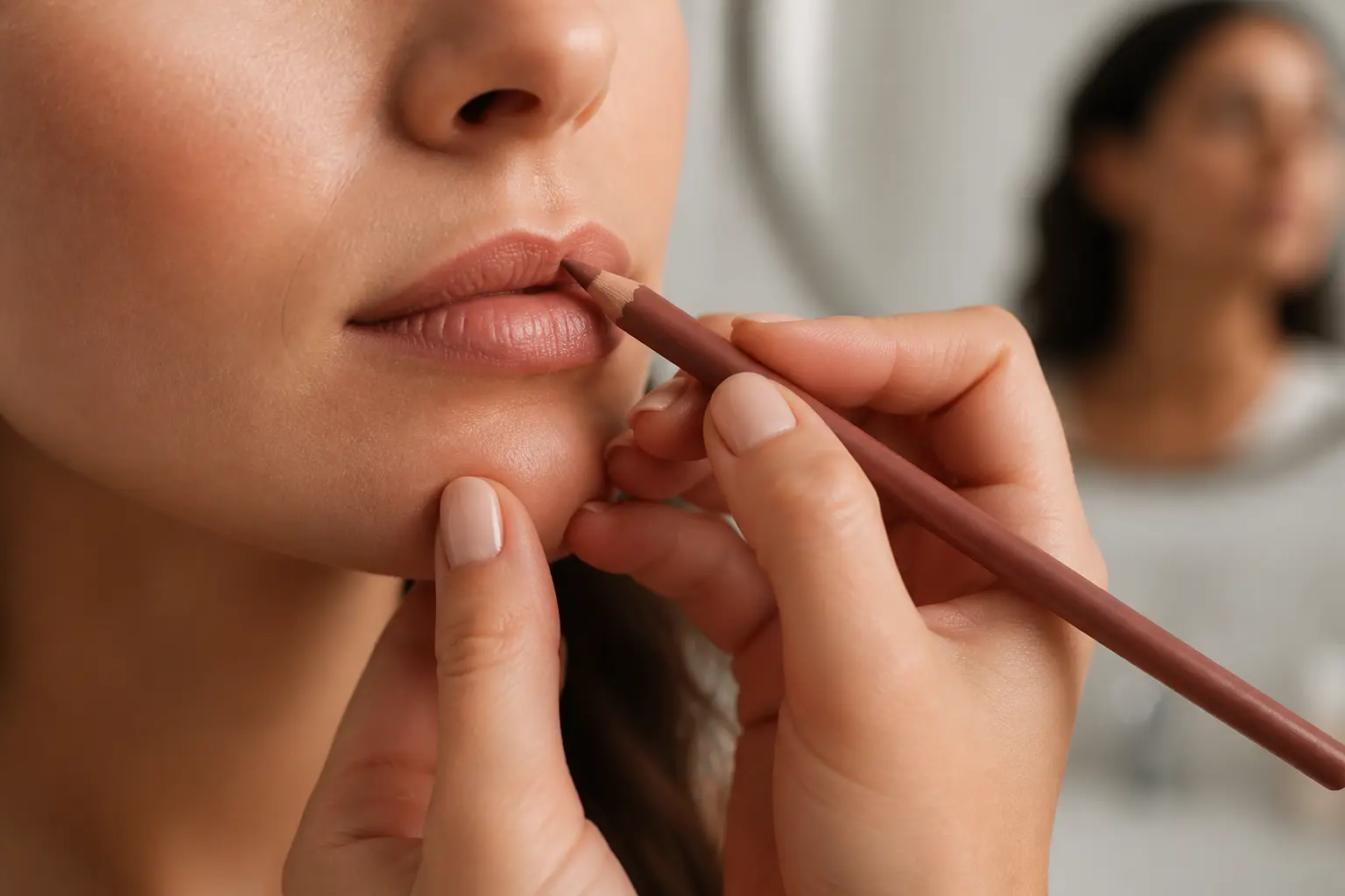 Définition de l’arc de cupidon au crayon, sur une bouche naturelle, en gros plan beauté.