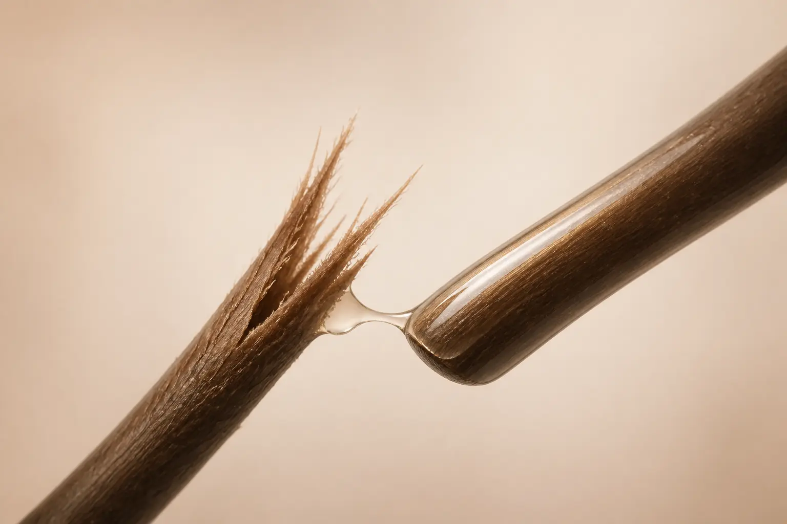 Fourche cheveux : pointe abîmée fendue et pointe saine avec sérum protecteur en surface