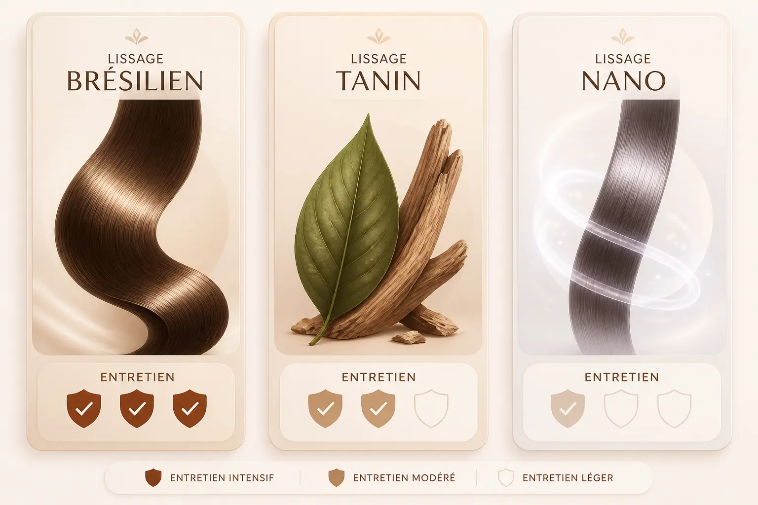Comparatif du lissage indien : trois cartes sur Brésilien, tanin et nano avec niveaux d’entretien.