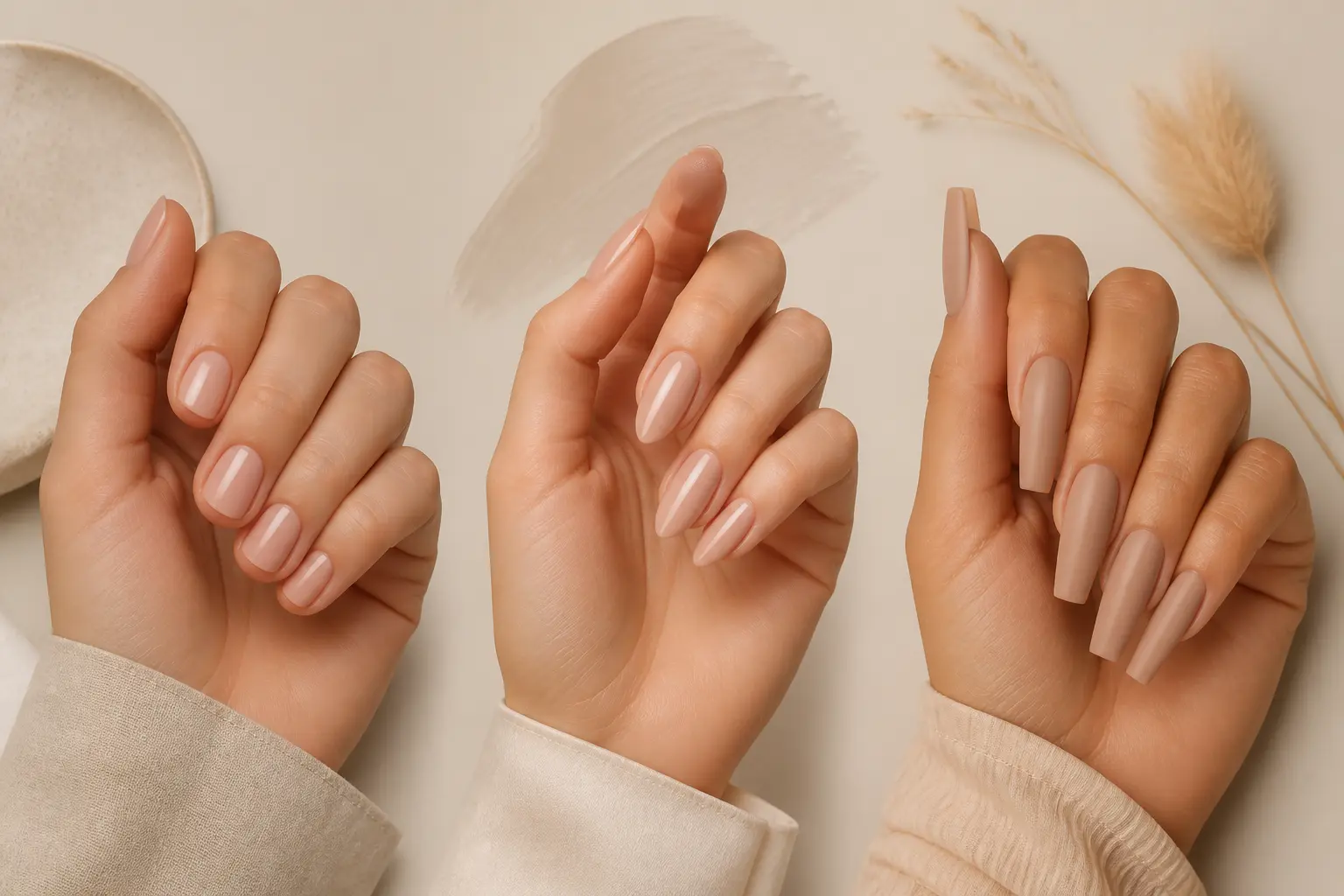 Trois mains montrent un ongle nude court, amande et coffin, en nuances beige sur fond doux.