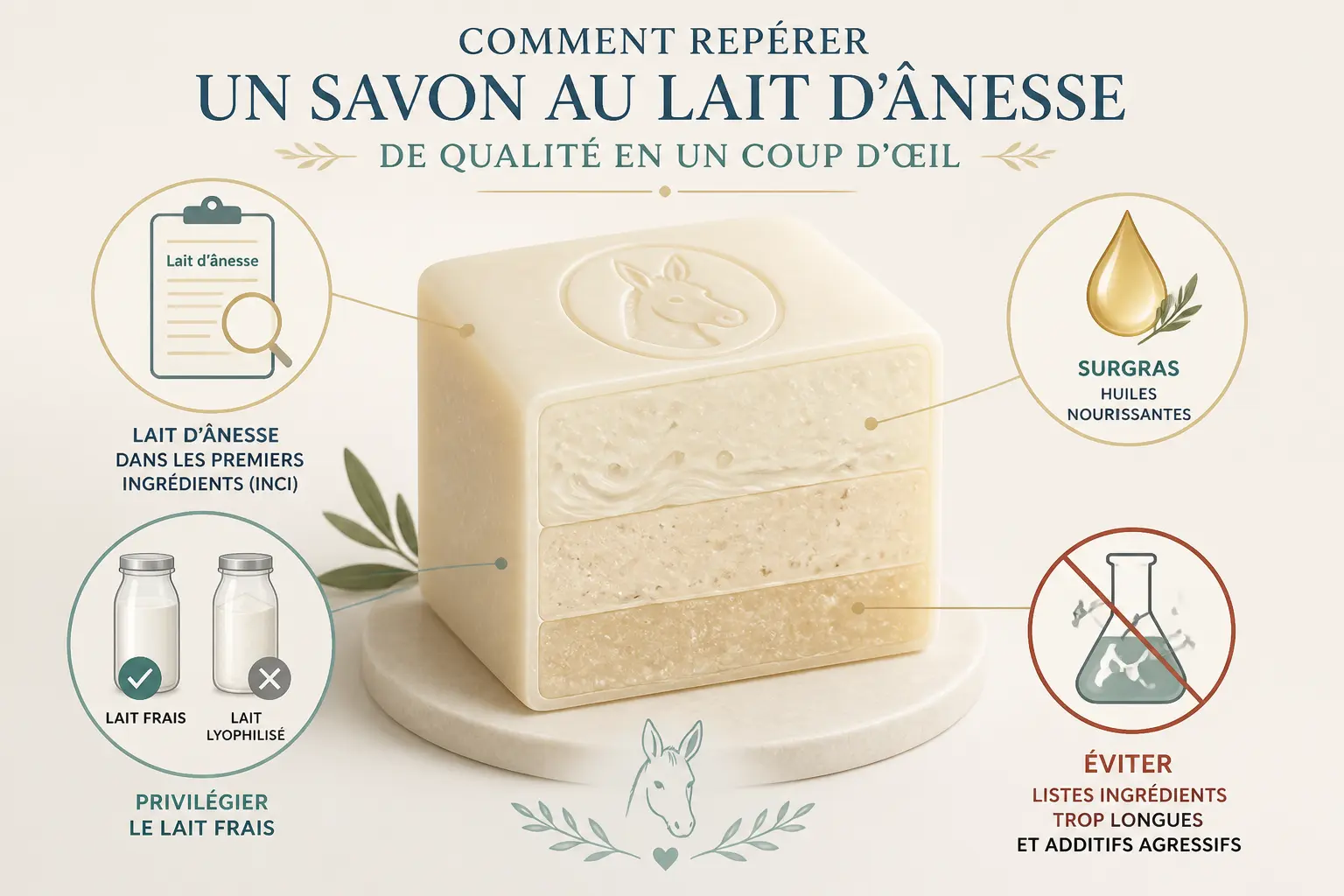 Savon lait d anesse : infographie sur l’INCI, le surgras, le lait frais ou lyophilisé et les additifs