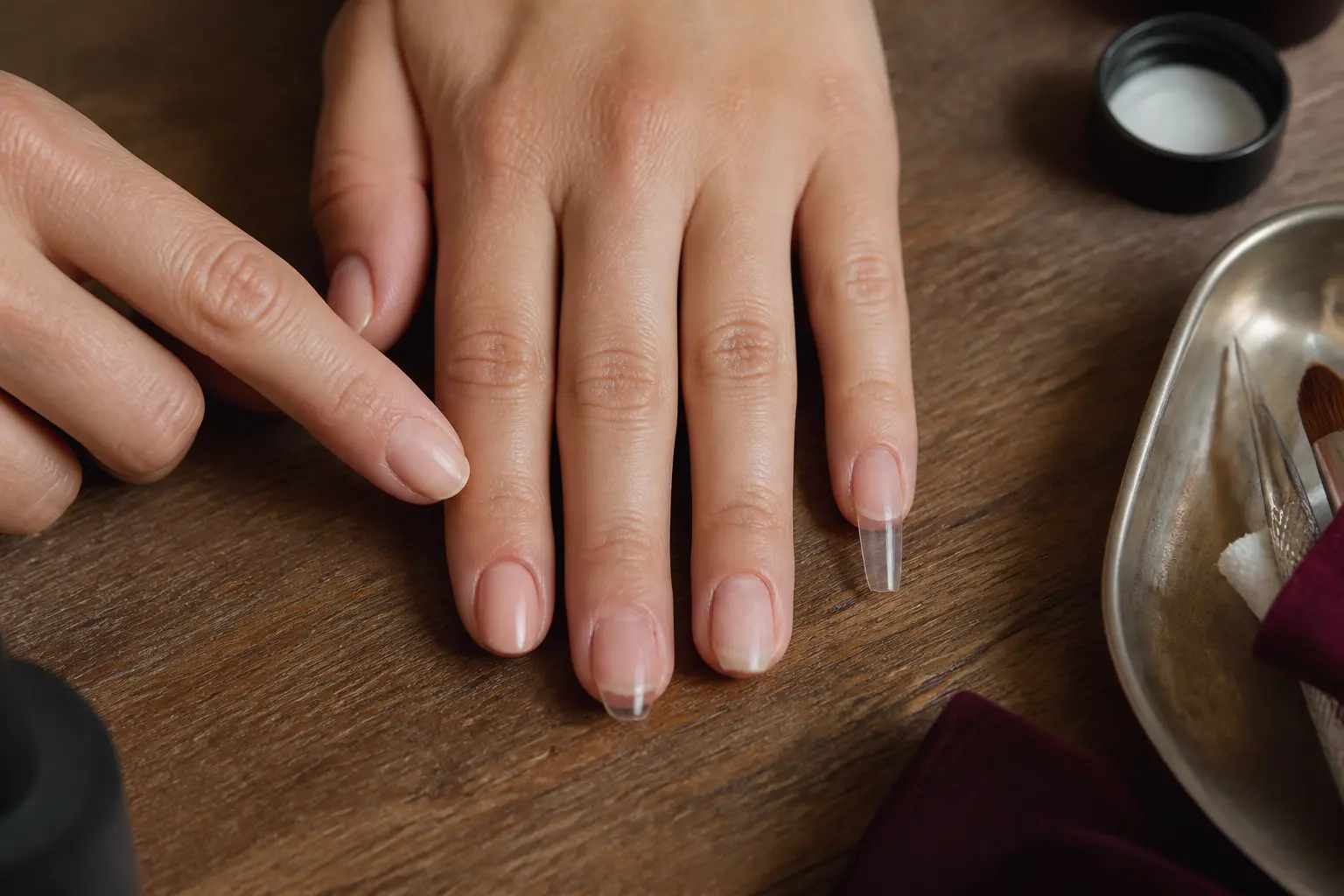 Avant d’enlever semi permanent, main montrant différents types de pose d’ongles sur une coiffeuse chaleureuse.