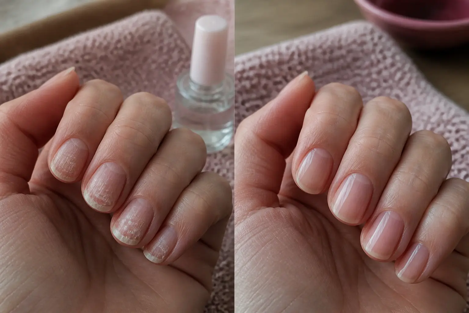 gainage ongle avant apres : mains avant avec ongles cassants, après plus lisses et brillants, en lumière naturelle