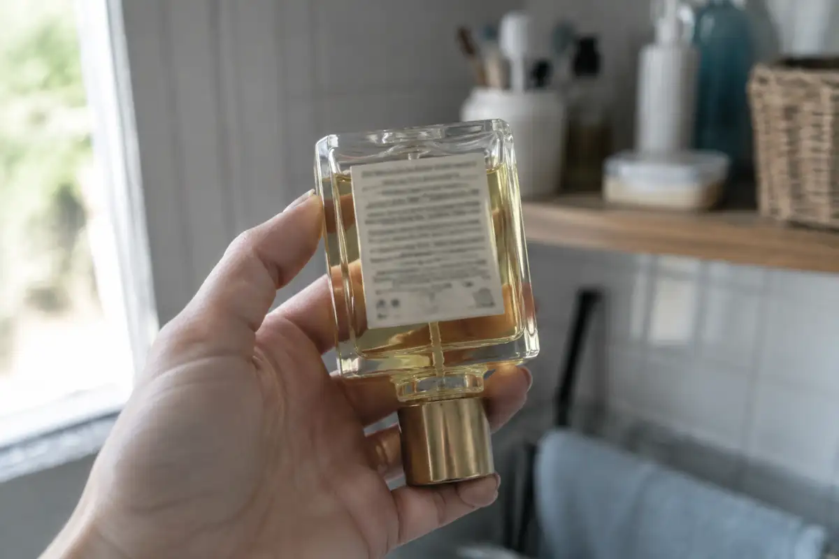 Main tenant un flacon de parfum retourné pour lire la liste des ingrédients au dos